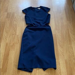 Navy peek-a-boo back, knee-length dress